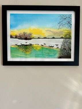 Original Watercolor Ducks on Lake Landscape Framed Nature Wall Art